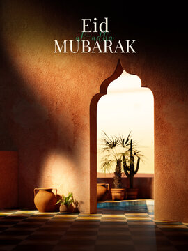 Eid al Adha Mubarak Islamic mosque greetings background 3d render