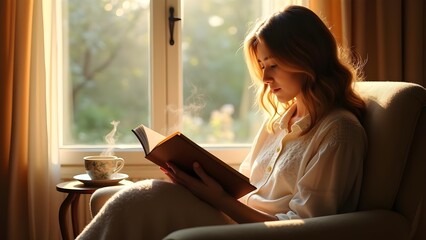 Obraz premium Girl Reads Book in Cozy Chair with Coffee by the Window. Leisurely Relaxation at Home with Calming Warmth