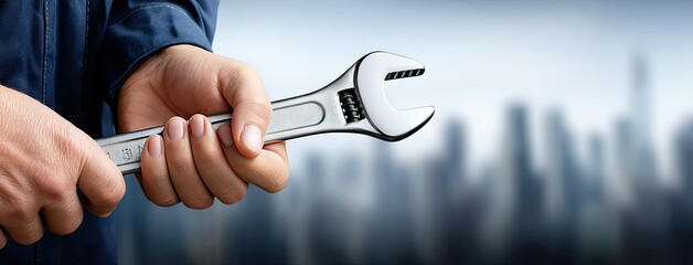 Mechanic in blue uniform holding a wrench over a blurred city skyline, demonstrating skills and tools in an urban setting during daylight