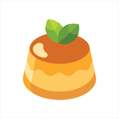  Caramel Flan with Mint Vector Illustration on White