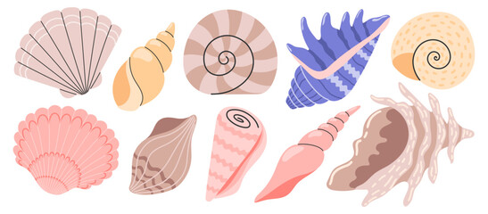 Sea shells set, mollusks, sea spiral snail. Ocean exotic underwater seashells collection stickers. Hand drawn vector illustration isolated on white background