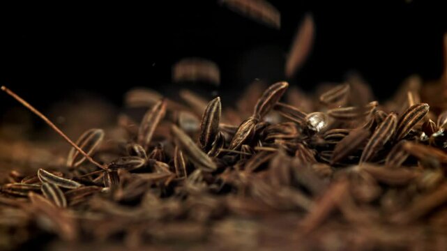 Cumin seeds fall on the table. Filmed on a high-speed camera at 1000 fps. High quality FullHD footage