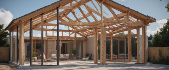 Fototapeta premium Modern house extension framing, new roof structure, building, framing
