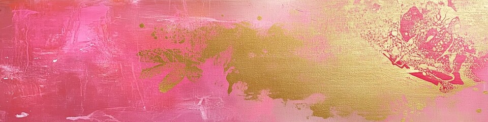 Abstract painting featuring blended pink and gold colors, with textured, flowing effects