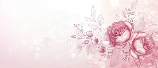 Elegant Red Roses with Leaves and Berries, Vintage Flower Outlines on Light Pink Background