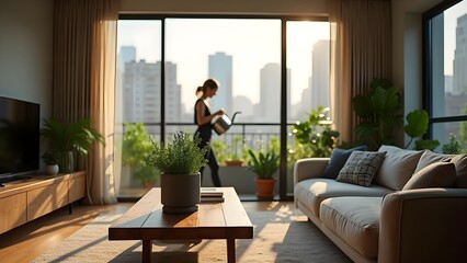 Fototapeta premium Woman tending to indoor plants on sunlit city apartment balcony, creating an urban home oasis, modern lifestyle.