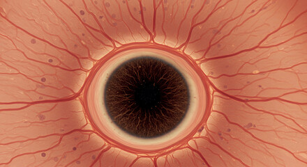 Detailed Microscopic View of the Human Eye's Choroid Layer Showing Intricate Network of Blood Vessels in Warm Red and Orange Hues
