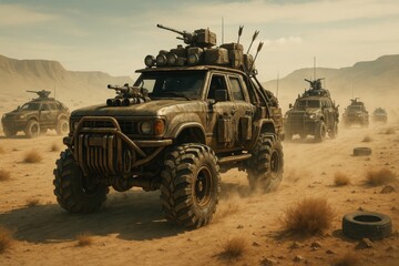 Fototapeta premium Post-Apocalyptic Vehicle Convoy in Desert Wasteland