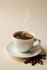 Aromatic Steam Rising from a Cup of Freshly Brewed Coffee with Roasted Beans