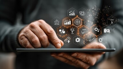 businessman using tablet analyzing sales data and economic growth graph chart technology and icon customer global network connection business strategy innovative digital marketing,photo stock