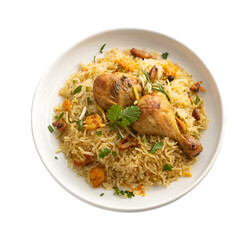 White plate of chicken biryani top view isolated on white background