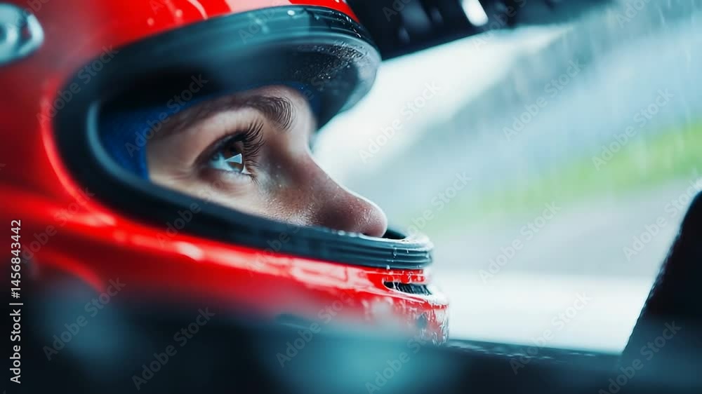 Poster close-up of a determined driver wearing a helmet, intensely focused on the race while navigating thr