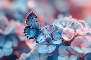 Fototapeta premium A delicate blue butterfly rests gently on clusters of vibrant blue flowers in a tranquil garden. The soft colors create a calming atmosphere, capturing a moment of natural beauty