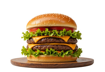 Tasty Big Burger with Layers of Meat and Vegetables isolated on transparent background