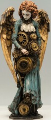 Obraz premium Steampunk Angel Sculpture with Bronze and Gold Gears