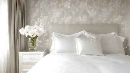 Elegant bedroom interior with floral wallpaper and white accents.