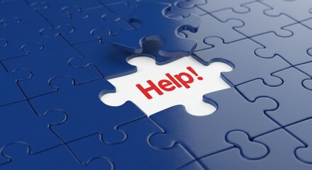 Blue jigsaw puzzle with a missing piece revealing the word Help in red. Symbolizes problem solving, assistance, and finding solutions to challenges.