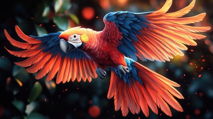 Scarlet Macaw in flight, jungle bokeh background, vibrant plumage, nature scene, wildlife illustration