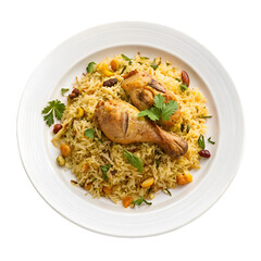 White plate of chicken biryani top view isolated on white background