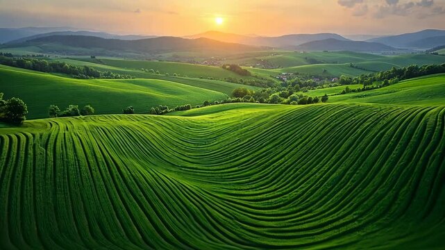 Lush, rolling green hills under a vibrant sunset.  Fields of crops arranged in parallel rows