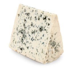 Blue Cheese piece isolated on white. Blue cheese block with mold Top view. Flat lay.  Package design element.