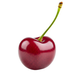 Cherries with stems and leaves isolated on transparent background, perfect for use in summer fruit campaigns, healthy snack visuals, and natural food product packaging.