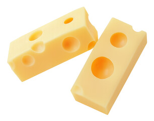 Flying Cheese pieces isolated on white. Levitating maasdam cheese cubes. Holey Cheese Explosion. Top view. Flat lay.  Package design element.  Creative layout.
