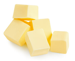  Butter cubes isolated on white. Fresh cow’s milk butter pieces close up. Pile of butter.  Package design element..