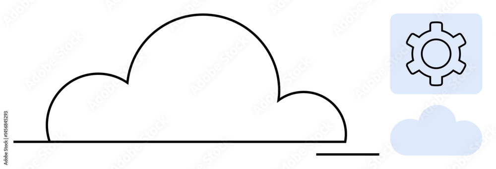 Poster cloud outline paired with a gear icon and smaller cloud graphic. ideal for cloud computing, data sto