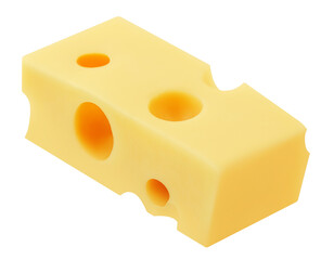 Emmental cheese cubes isolated. Swiss holey maasdam cheese piees on white background close up.