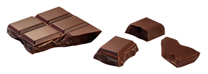 Dark chocolate bar pieces isolated. Collection. Milk chocolate bar on white background. Top view. Flat lay. Package design element.