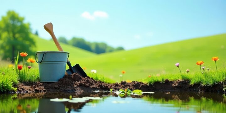 Serene landscape featuring a metal pail and gardening tool resting by a tranquil pond, surrounded by vibrant wildflowers under a bright sunny sky.
