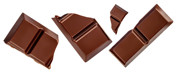 Dark chocolate bar pieces isolated. Collection. Milk chocolate bar on white background. Top view. Flat lay. Package design element.