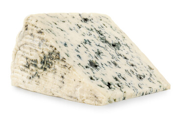 Blue Cheese piece isolated on white. Blue cheese block with mold Top view. Flat lay.  Package design element.