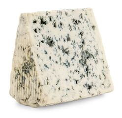 Blue Cheese piece isolated on white. Blue cheese block with mold Top view. Flat lay.  Package design element.