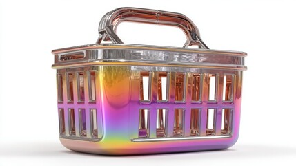 chrome shopping basket with retro gradient colors 3d rendering isolated on white