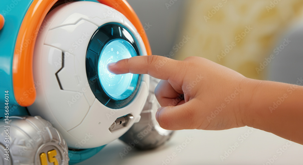 Poster child's hand touching interactive robot with light-up sensor display