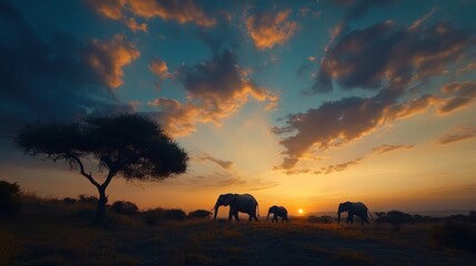 Naklejka premium Majestic Elephants at Sunrise