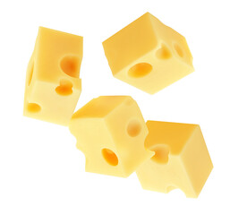 Flying Cheese pieces isolated on white. Levitating maasdam cheese cubes. Holey Cheese Explosion. Top view. Flat lay.  Package design element.  Creative layout.
