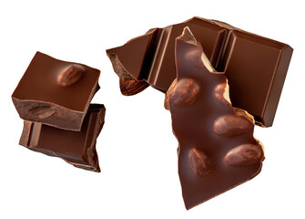 Dark chocolate bar pieces isolated on white. Crushed Milk chocolate bar levitating. Flying broken chocolate with nuts. Top view. Flat lay. Package design element.