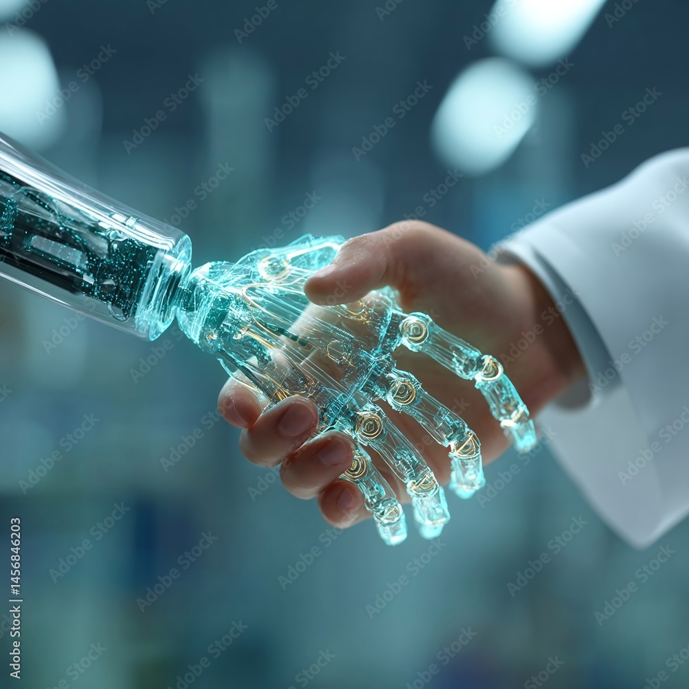 Poster futuristic interaction between a human and a robotic hand in a high-tech laboratory setting