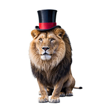 Lion wearing a circus ringmaster outfit with top hat in transparent background transparent background isolated png stock