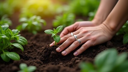 Fototapeta premium Tender Hands Planting a Sprout in Rich Soil, Cultivating a New Beginning