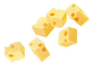 Flying Cheese pieces isolated on white. Levitating maasdam cheese cubes. Holey Cheese Explosion. Top view. Flat lay.  Package design element.  Creative layout.