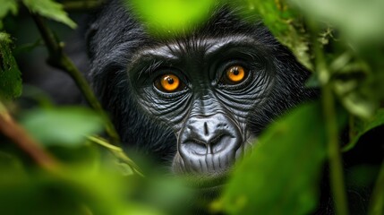 Obraz premium Intense Gaze Of A Gorilla, Framed By Lush Green Foliage. Focus On Captivating, Golden Eyes, Embodying Raw Nature.