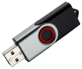 Silver and black USB flash drive with red detail, transparent background png