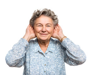 Portrait of a smiling senior woman holding her hands near her ears, listening attentively to something.