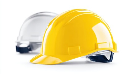 Fototapeta premium Two hard hats safety helmets one yellow one white on a white background showing construction safety equipment for workers.