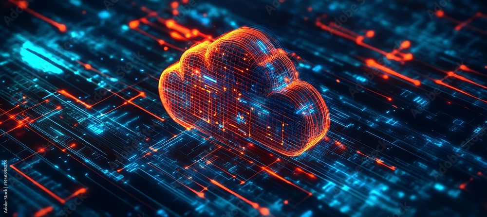 Poster cybersecurity shield safeguarding cloud network with advanced digital protection in a glowing grid b