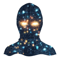 Digital silhouette of hacker filled with binary code and stars, representing technology and mystery